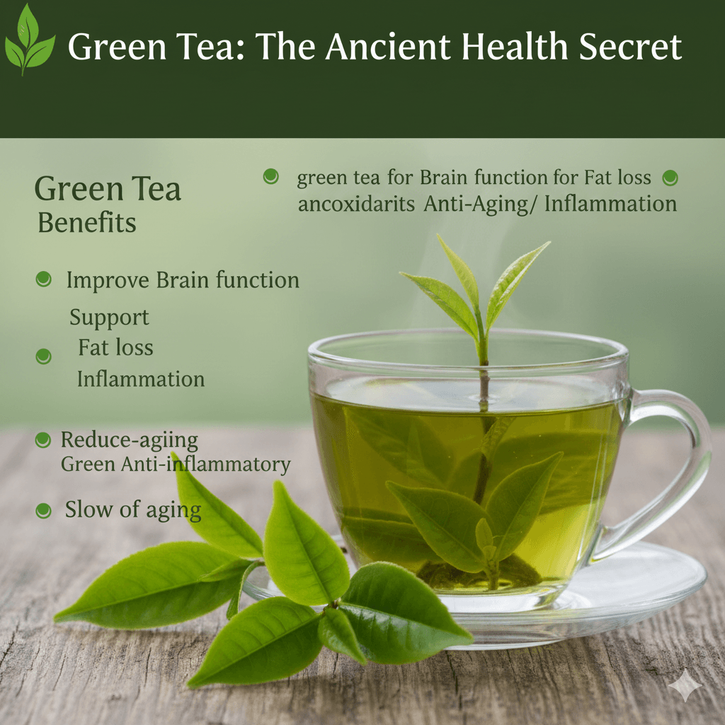 Green tea antioxidant benefits brain function fat loss anti-aging infographic