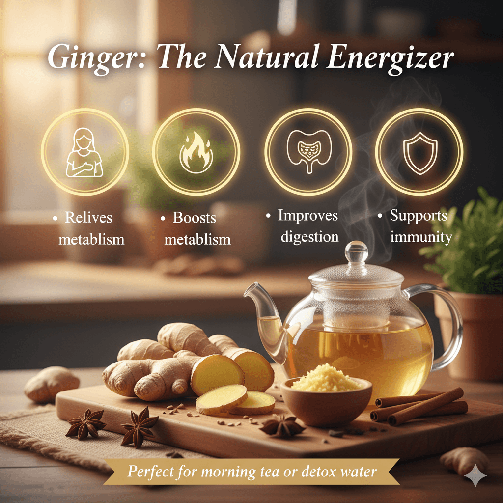 Ginger natural energizer with fresh ginger roots and tea showing benefits such as relieving nausea, boosting metabolism, improving digestion, and supporting immunity.