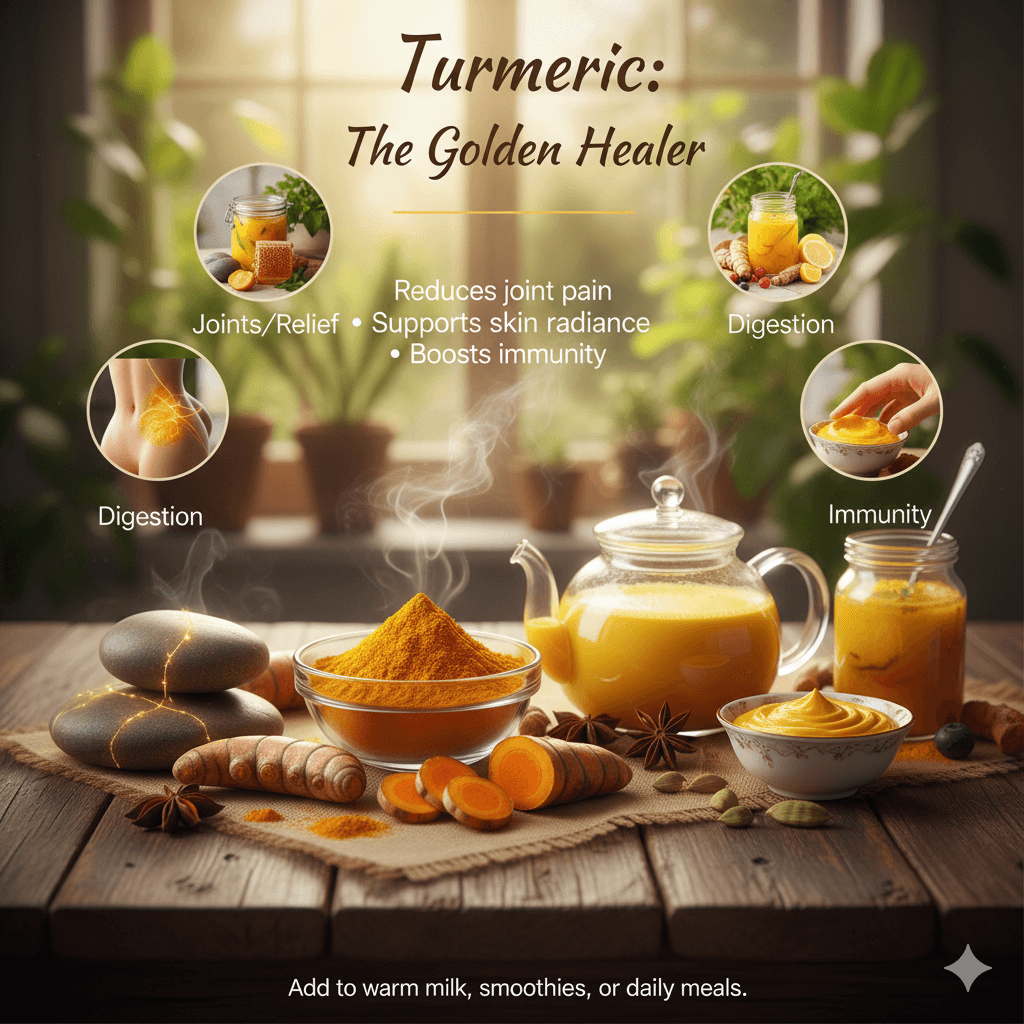 Top natural ingredients for daily wellness including turmeric, ginger, honey, lemon, and herbal remedies