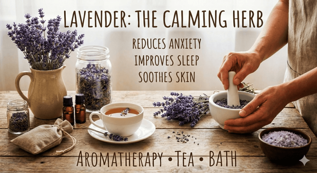 Flat lay composition of fresh lavender flowers, essential oil bottles, and herbal tea on a wooden table, illustrating natural stress relief and aromatherapy.