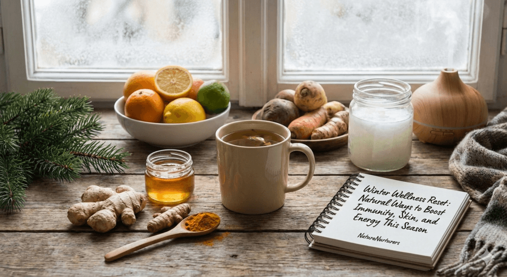 Cozy winter wellness flat lay featuring ginger, honey, turmeric, herbal tea, citrus fruits, and a diffuser by a frosty window, with a notebook titled Winter Wellness Reset.
