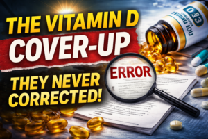 Vitamin D cover-up showing a spilled vitamin D3 bottle, research documents, and an error highlighted in official guidelines