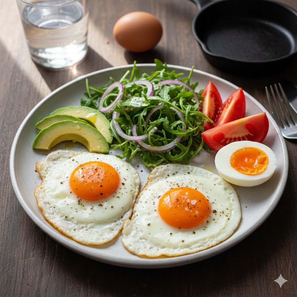 A healthy plate with two fried eggs, a soft-boiled egg, sliced avocado, fresh arugula salad, and tomatoes on a wooden table.
