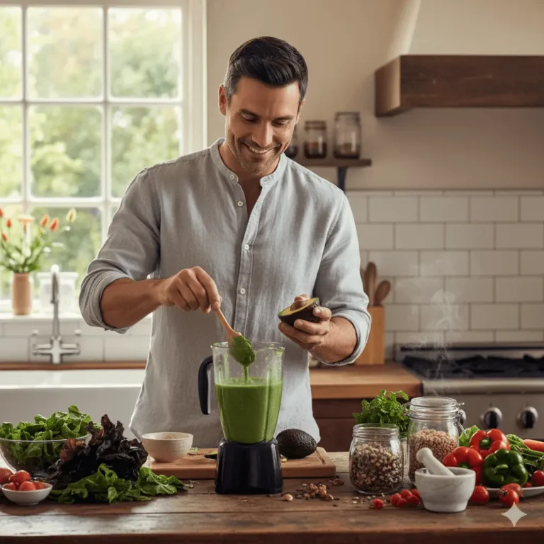 A man in a bright kitchen preparing a nutrient-dense green smoothie with fresh avocado and leafy greens, representing the Nature Nurturers holistic wellness lifestyle.