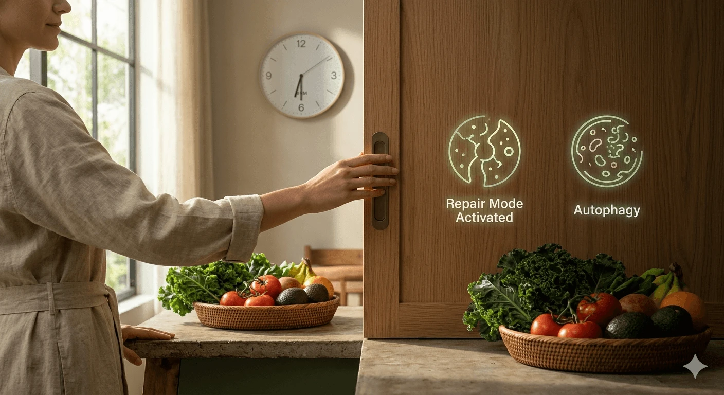 A woman closing a sliding door to a kitchen at 6:05 PM, symbolizing the start of the cellular repair zone and autophagy.