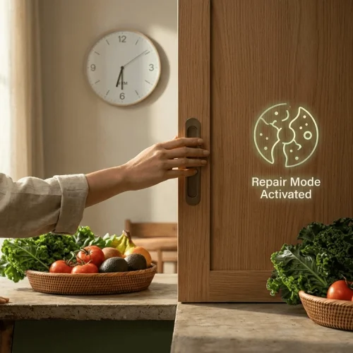 A woman closing a sliding door to a kitchen at 6:05 PM, symbolizing the start of the cellular repair zone and autophagy.