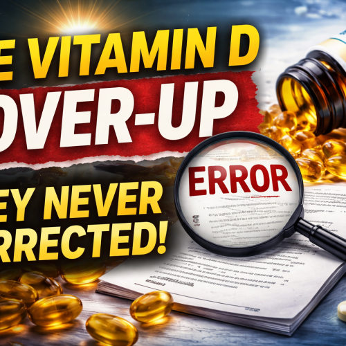 Vitamin D cover-up showing a spilled vitamin D3 bottle, research documents, and an error highlighted in official guidelines